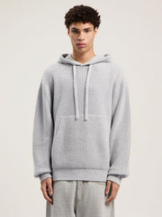 Curved Logo Rib Knit Hoodie in GREY MELANGE - OFF WHITE for Men