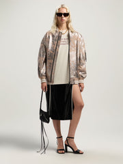 Laminated Leather Bomber Jacket in NUDE - SILVER for Women