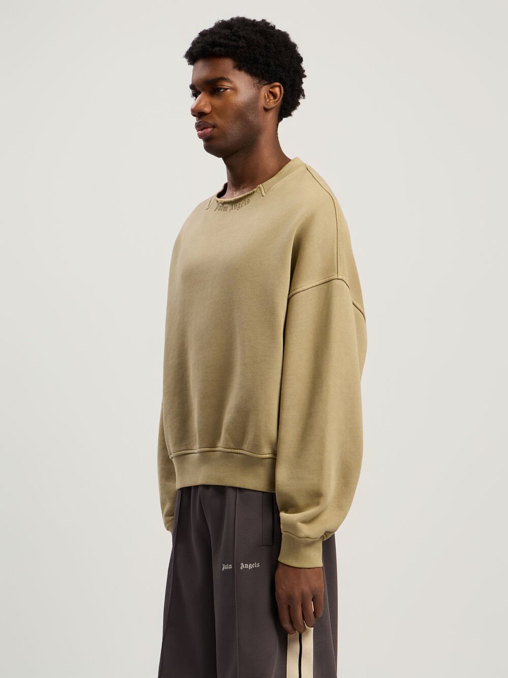 Curved Logo Loose Collar Crew in ARMY GREEN - DARK GREEN for Men