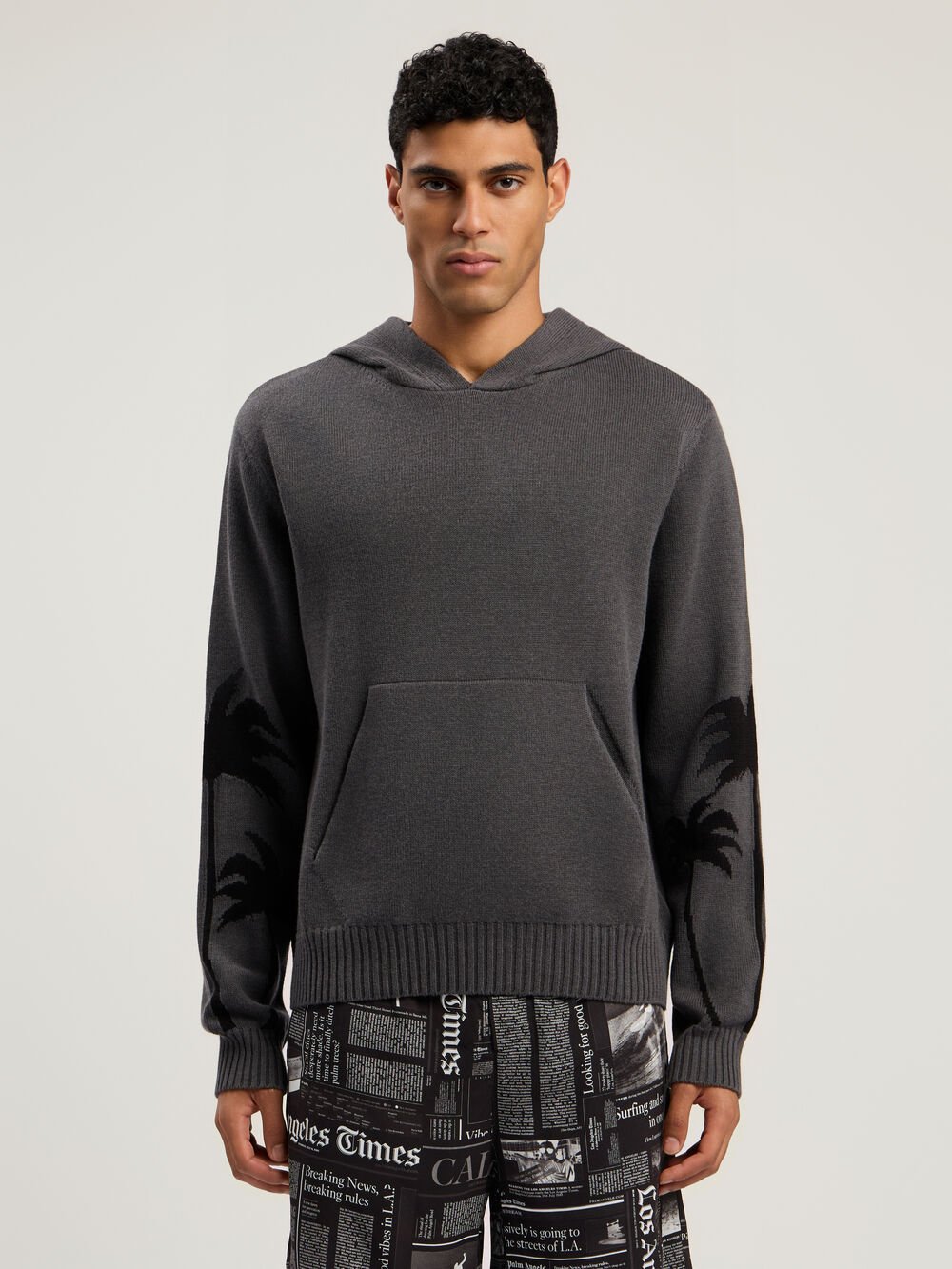 Back Palms Knit Hoodie in DARK GREY - BLACK for Men