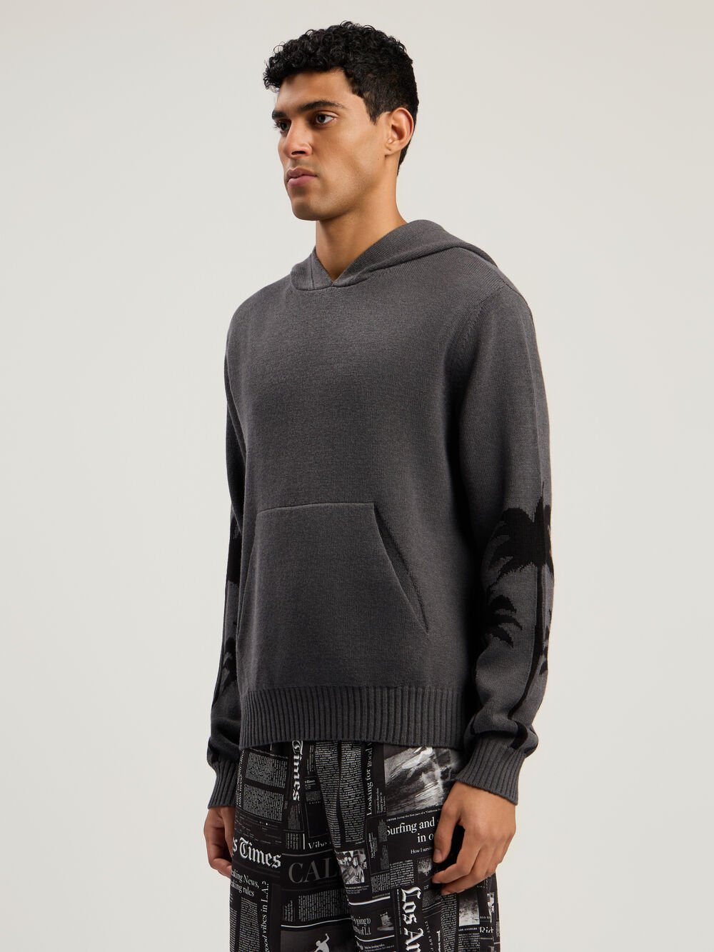 Back Palms Knit Hoodie in DARK GREY - BLACK for Men