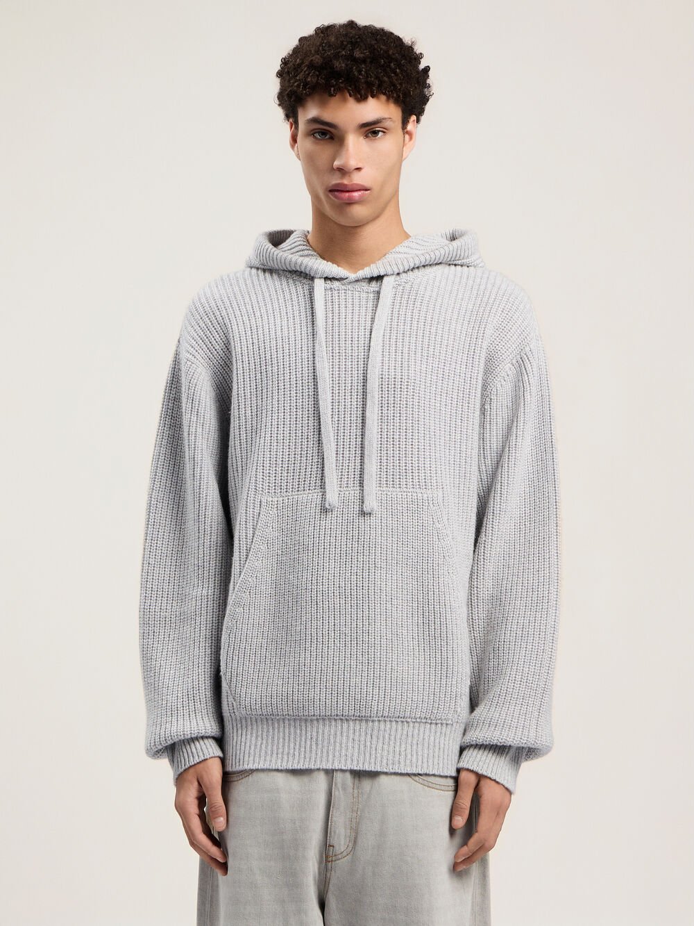 Curved Logo Rib Knit Hoodie in GREY MELANGE - OFF WHITE for Men