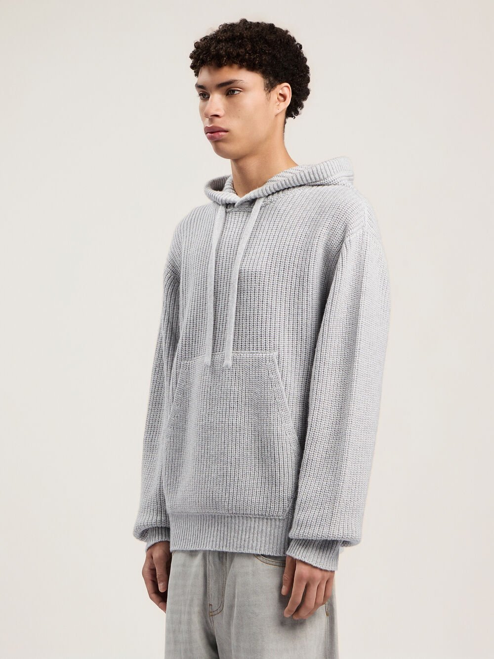 Curved Logo Rib Knit Hoodie in GREY MELANGE - OFF WHITE for Men