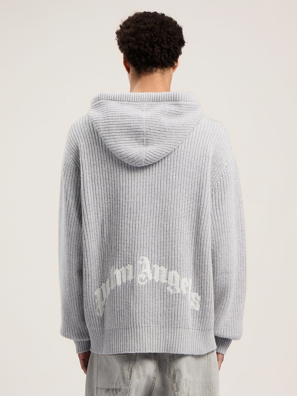 Curved Logo Rib Knit Hoodie in GREY MELANGE - OFF WHITE for Men