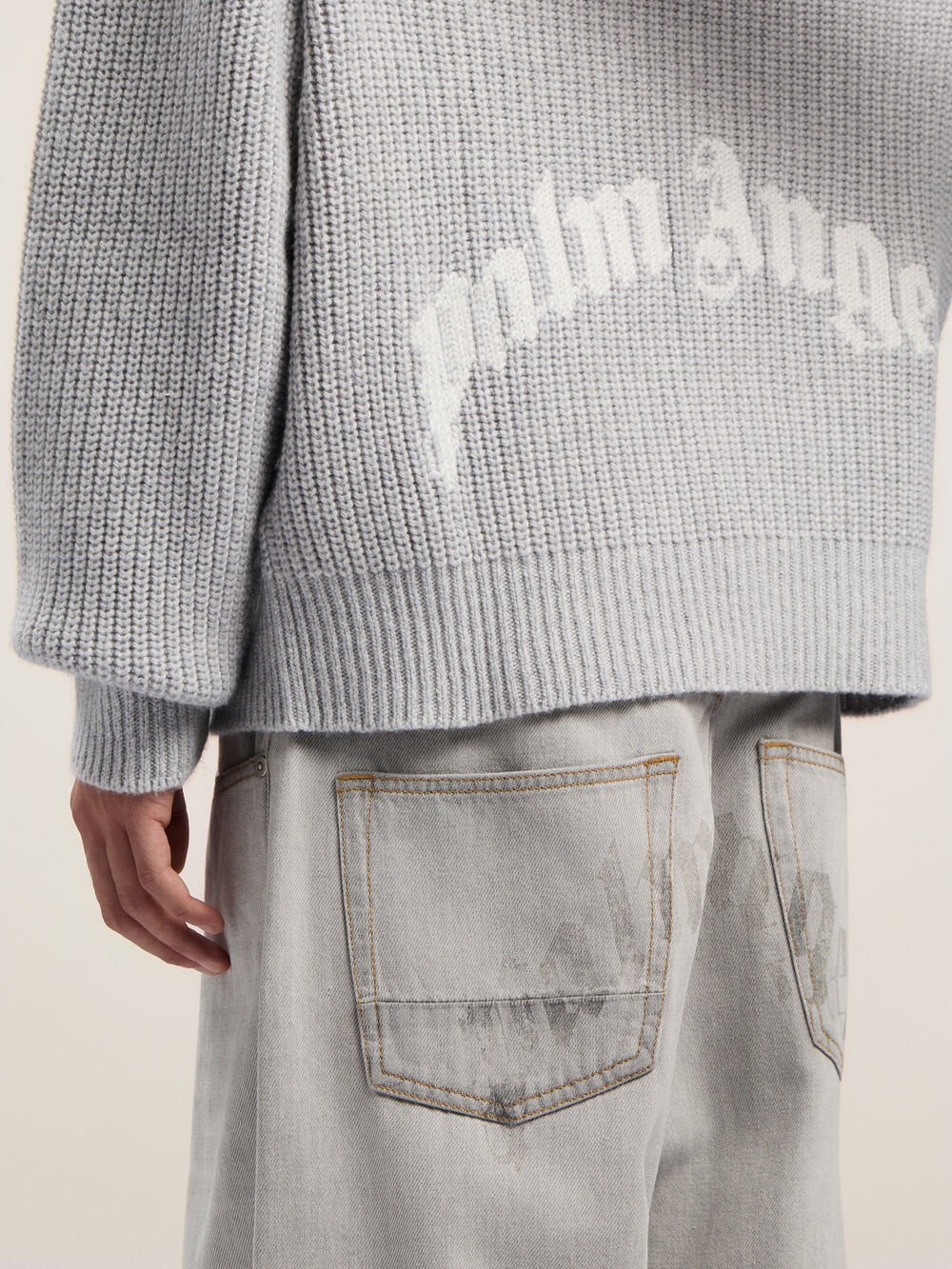 Curved Logo Rib Knit Hoodie in GREY MELANGE - OFF WHITE for Men