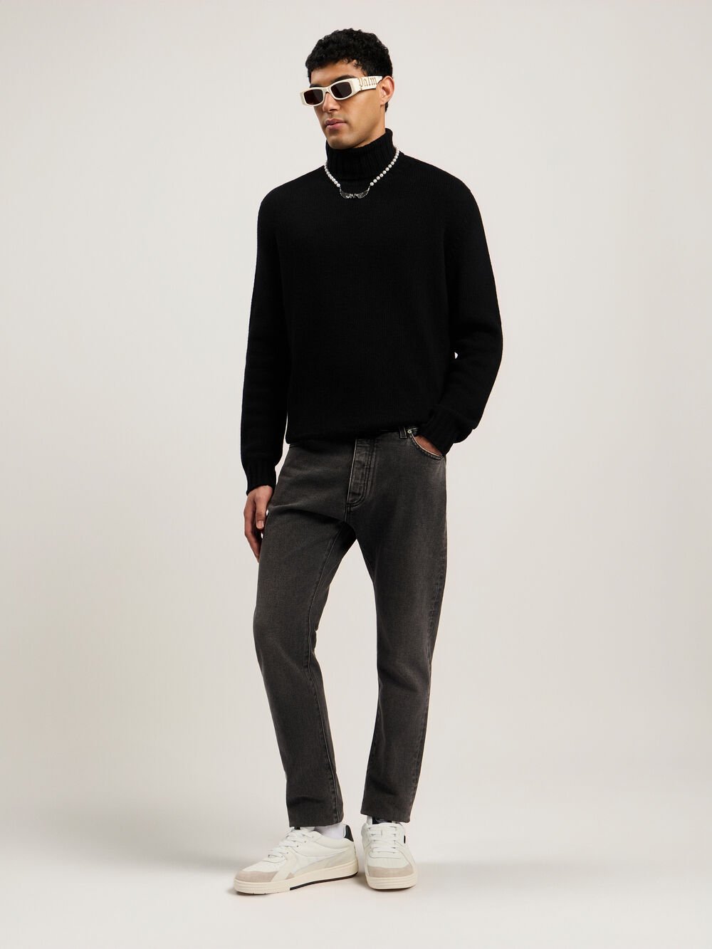 Curved Logo Tneck Sweater in BLACK WHITE for Men