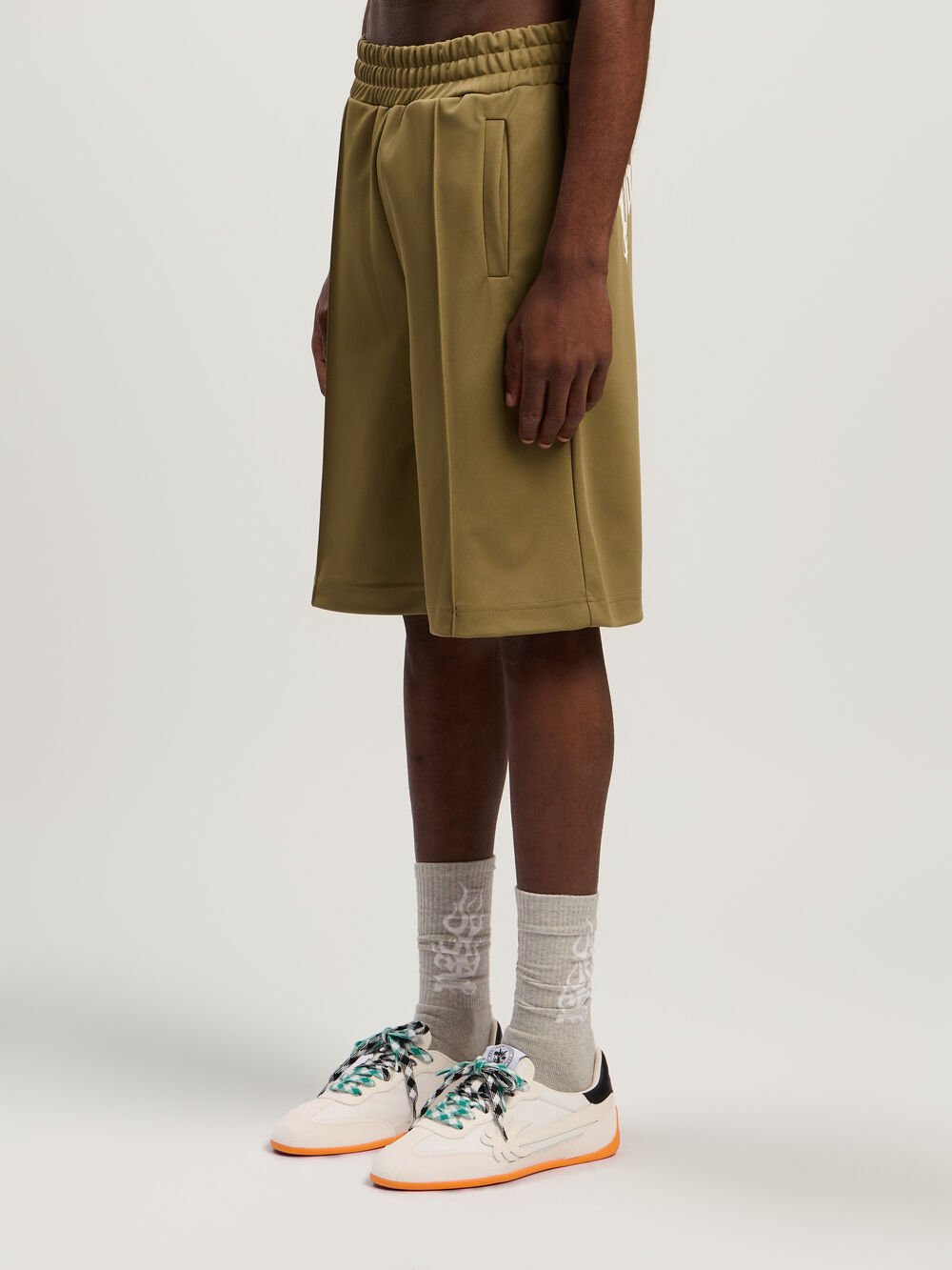 Back Curved Logo Track Shorts in ARMY GREEN - OFF WHITE for Men