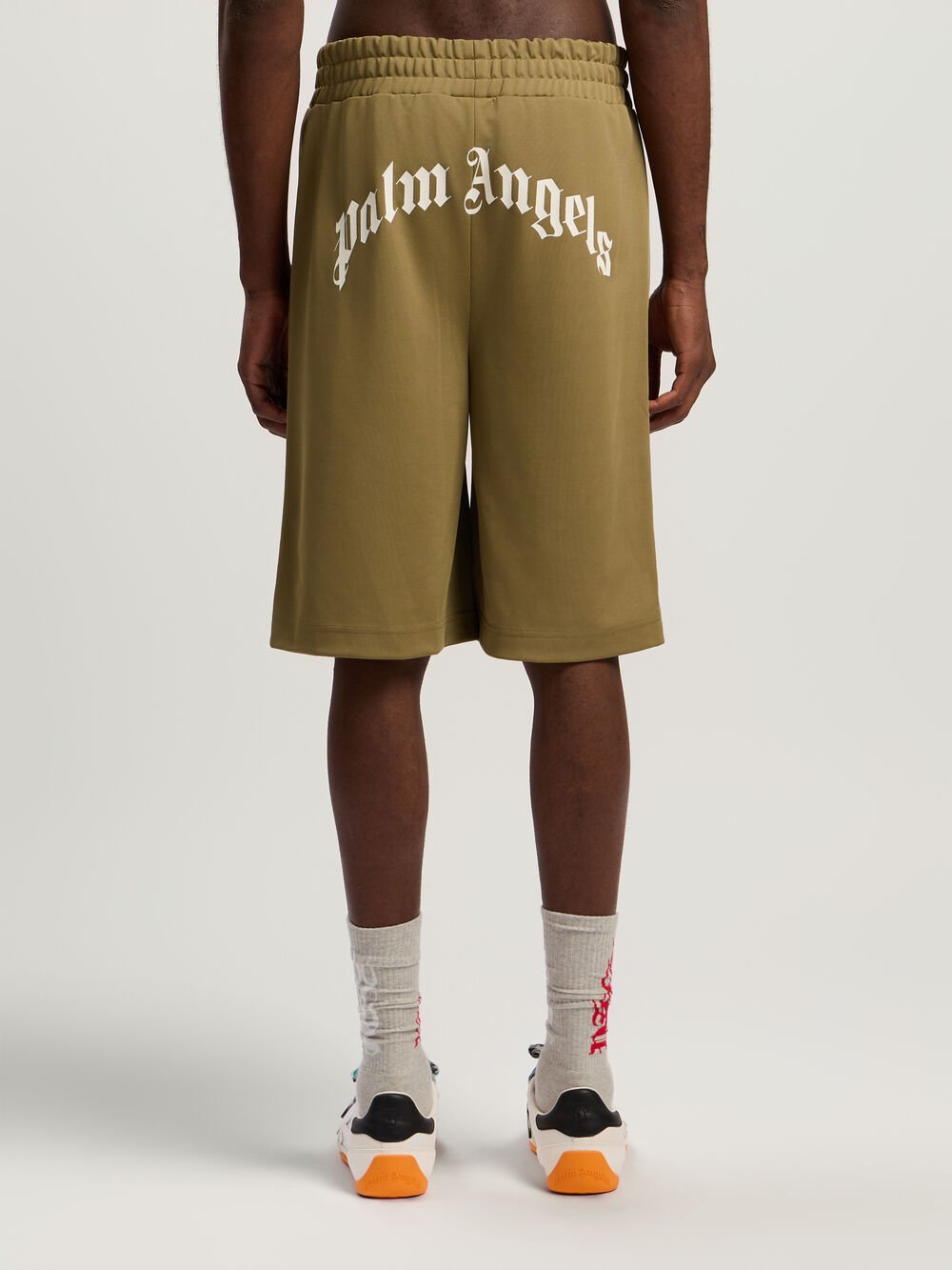 Back Curved Logo Track Shorts in ARMY GREEN - OFF WHITE for Men