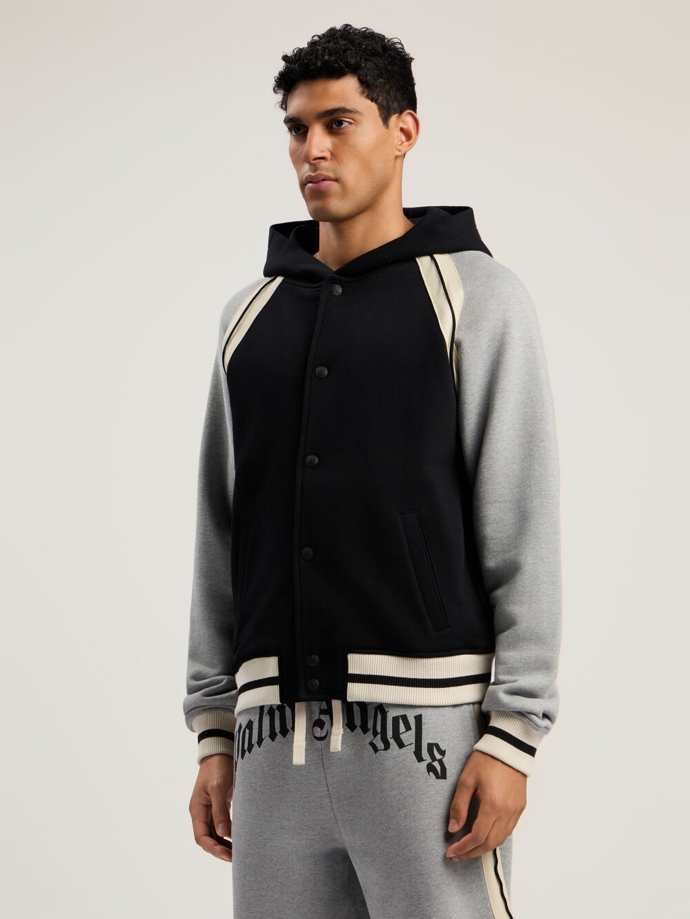Curved Logo Varsity Jacket in BLACK - GREY MELANGE for Men