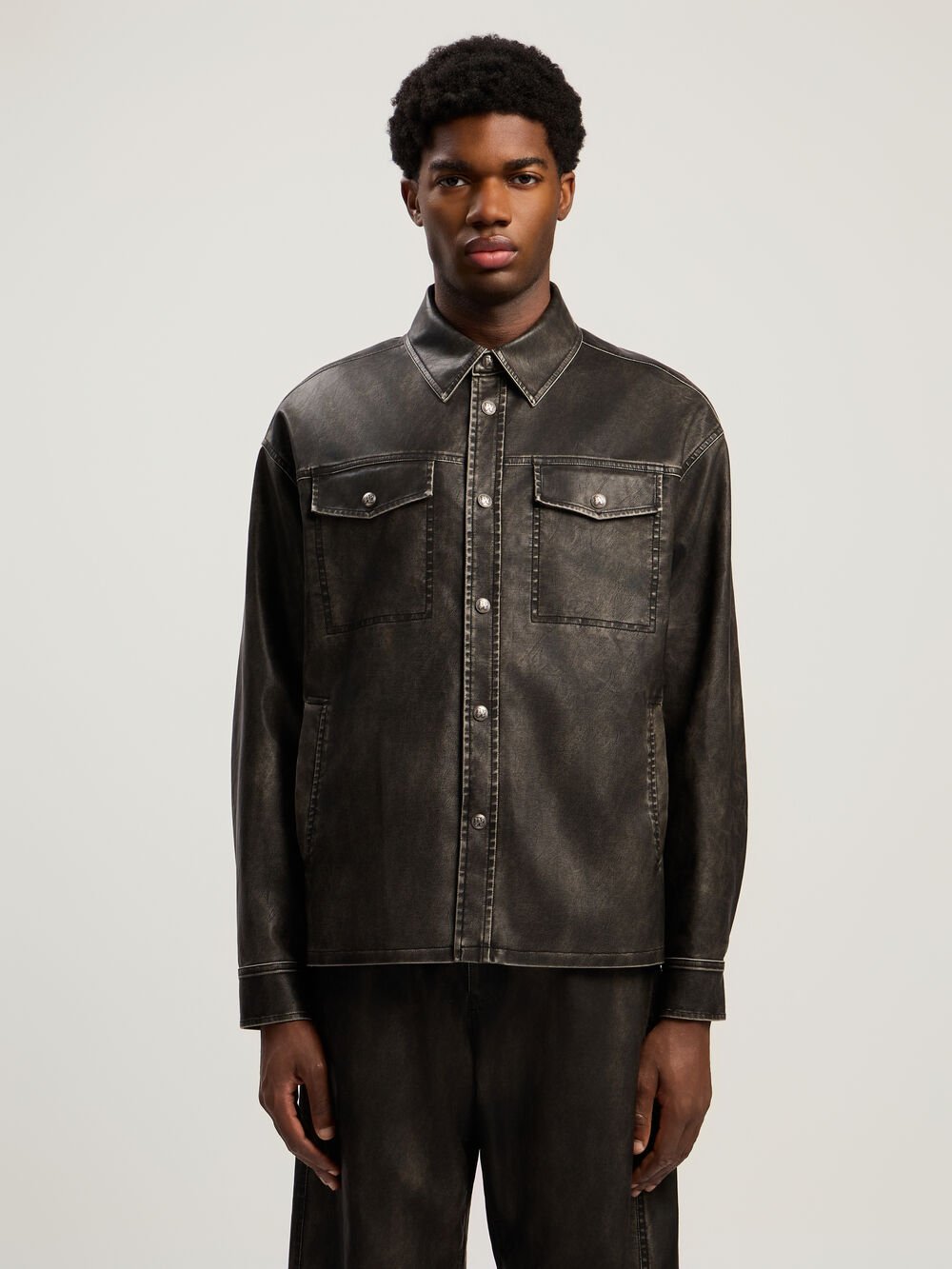 Curved Logo Coated Overshirt in DARK GREY - BLACK for Men