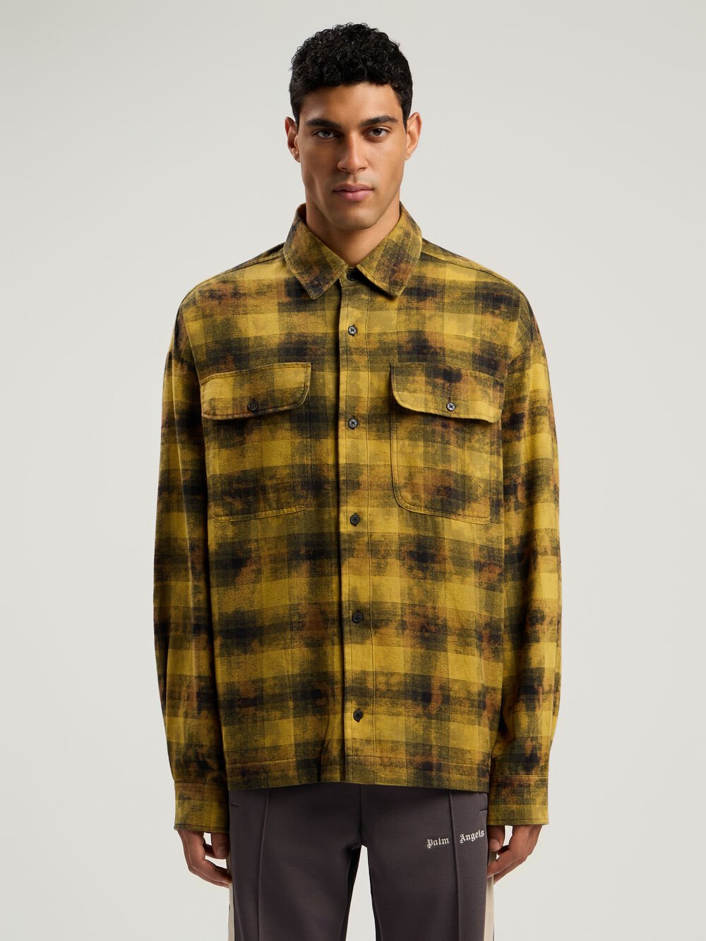Curved Logo Check Shirt in ARMY GREEN - BLACK for Men
