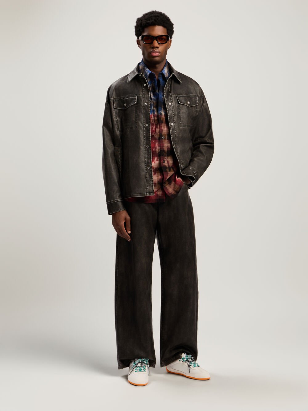 Curved Logo Check Shirt in BLUE - RED for Men