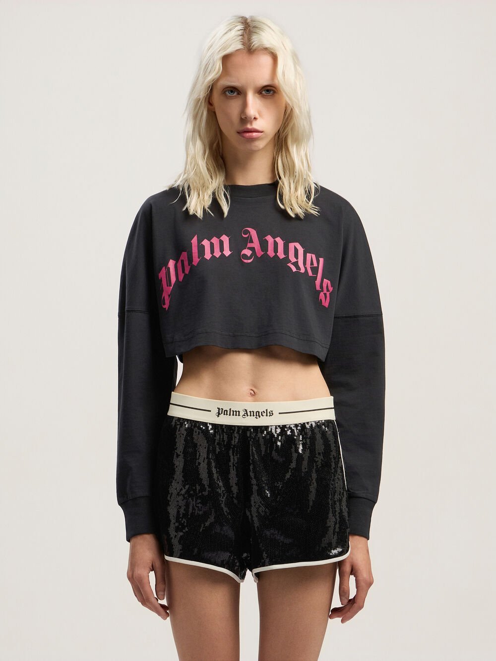Curved Logo Crop Long Sleeve in BLACK - FUCHSIA for Women