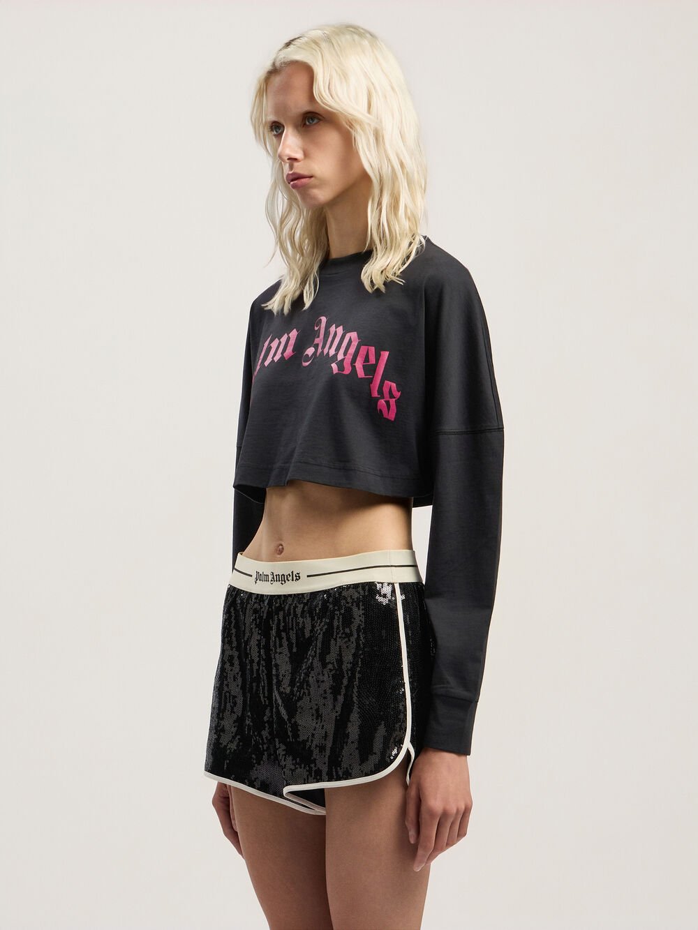 Curved Logo Crop Long Sleeve in BLACK - FUCHSIA for Women