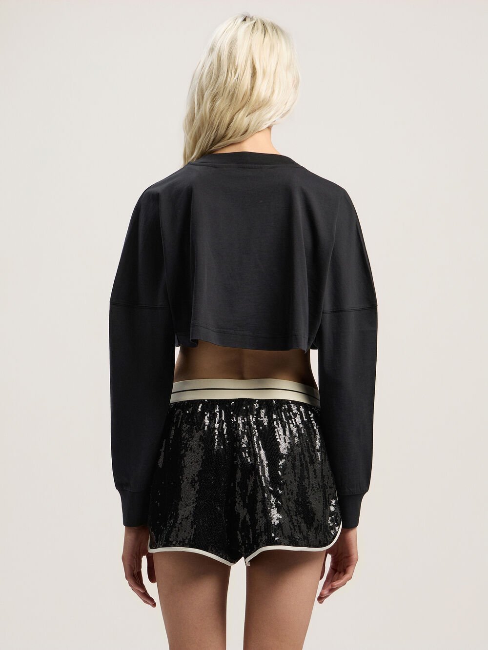 Curved Logo Crop Long Sleeve in BLACK - FUCHSIA for Women