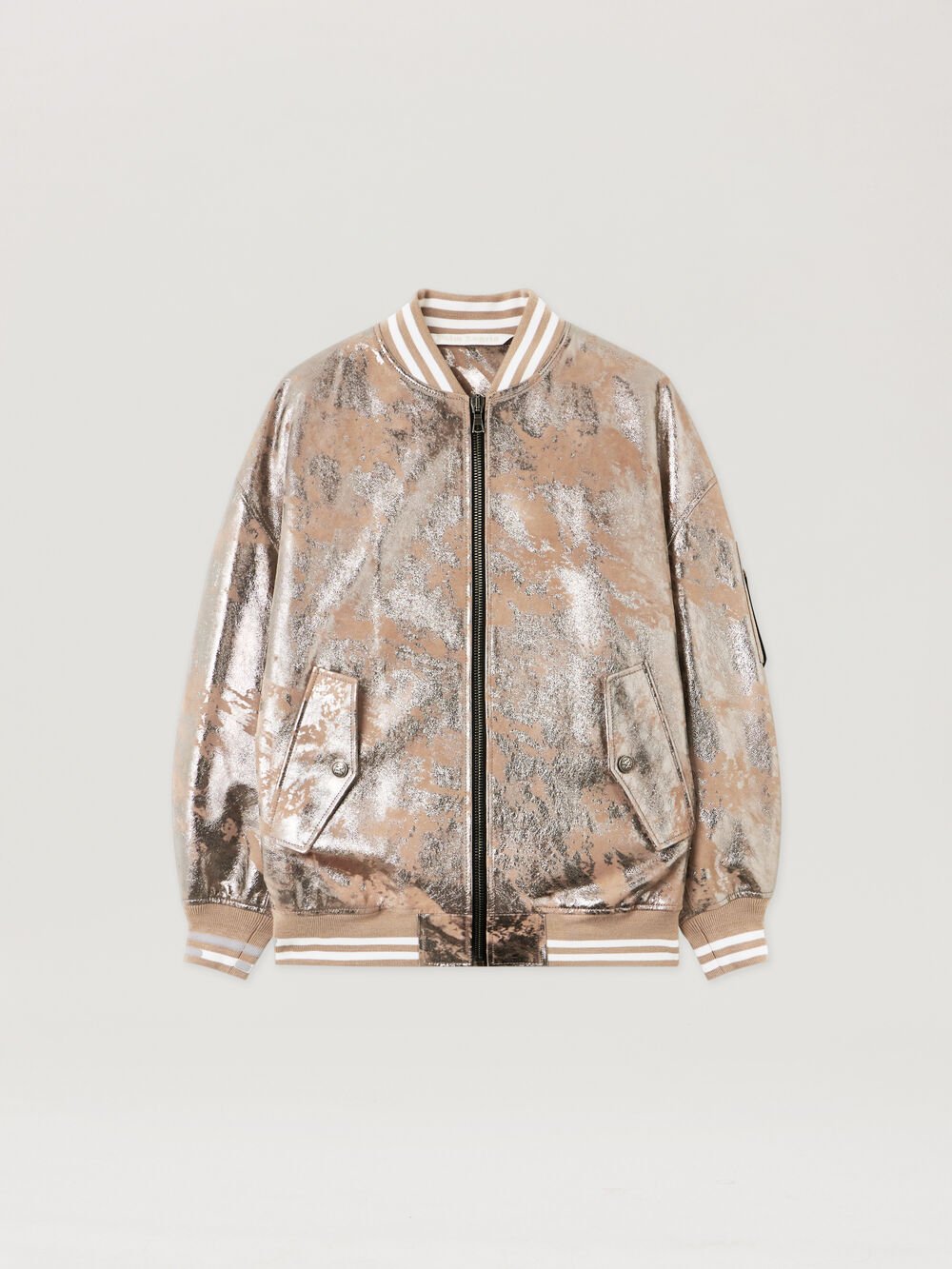 Laminated Leather Bomber Jacket in NUDE - SILVER for Women