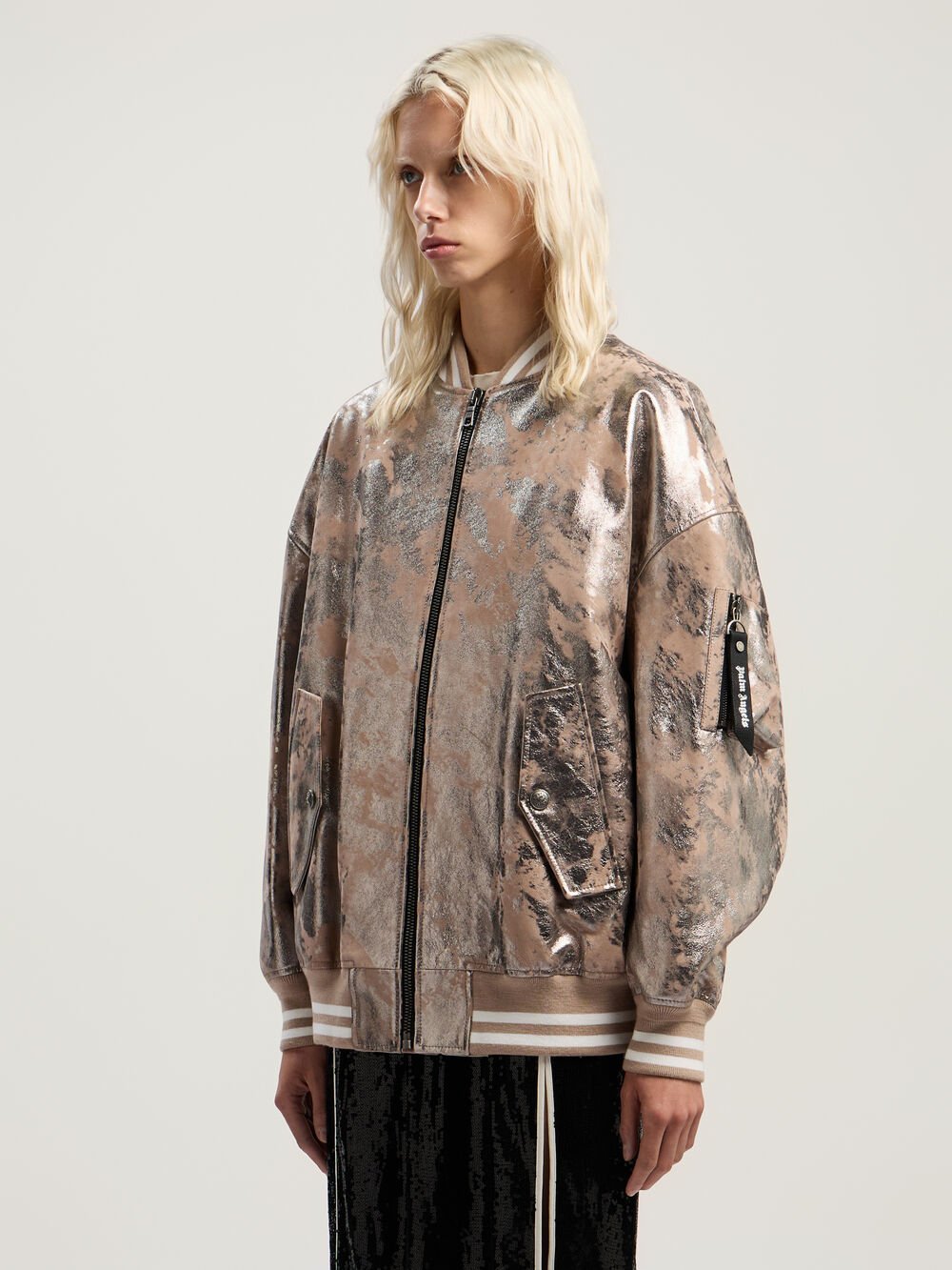 Laminated Leather Bomber Jacket in NUDE - SILVER for Women