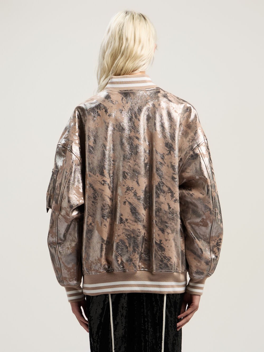 Laminated Leather Bomber Jacket in NUDE - SILVER for Women
