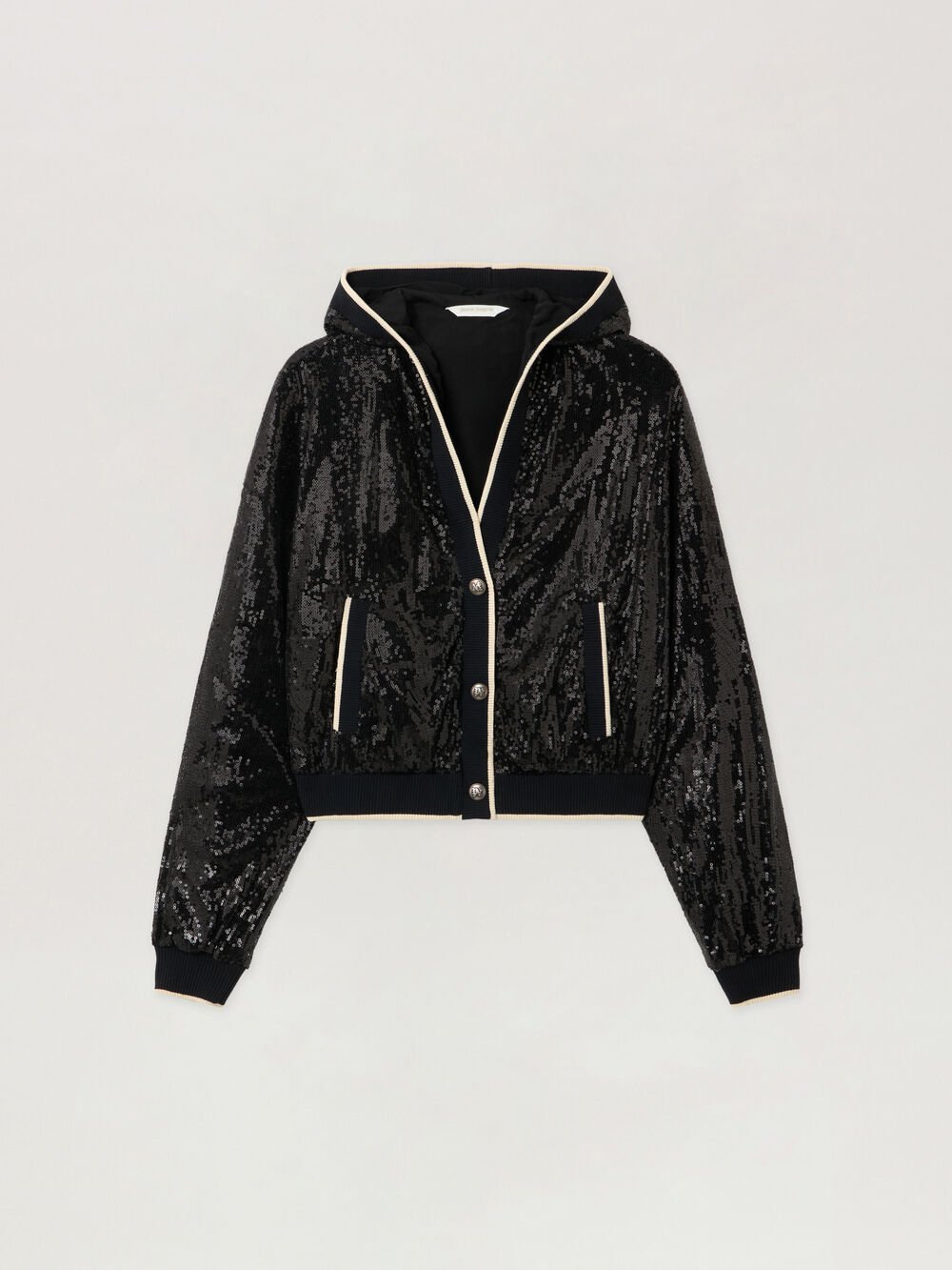 Curved Logo Sequin Crop Jacket in BLACK - OFF WHITE for Women