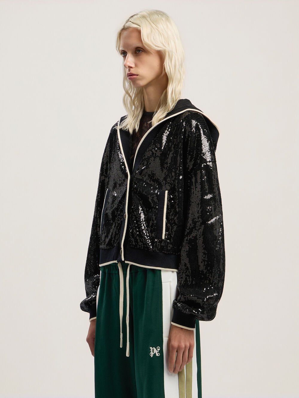 Curved Logo Sequin Crop Jacket in BLACK - OFF WHITE for Women