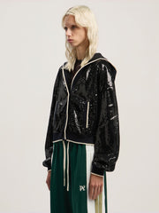 Curved Logo Sequin Crop Jacket in BLACK - OFF WHITE for Women