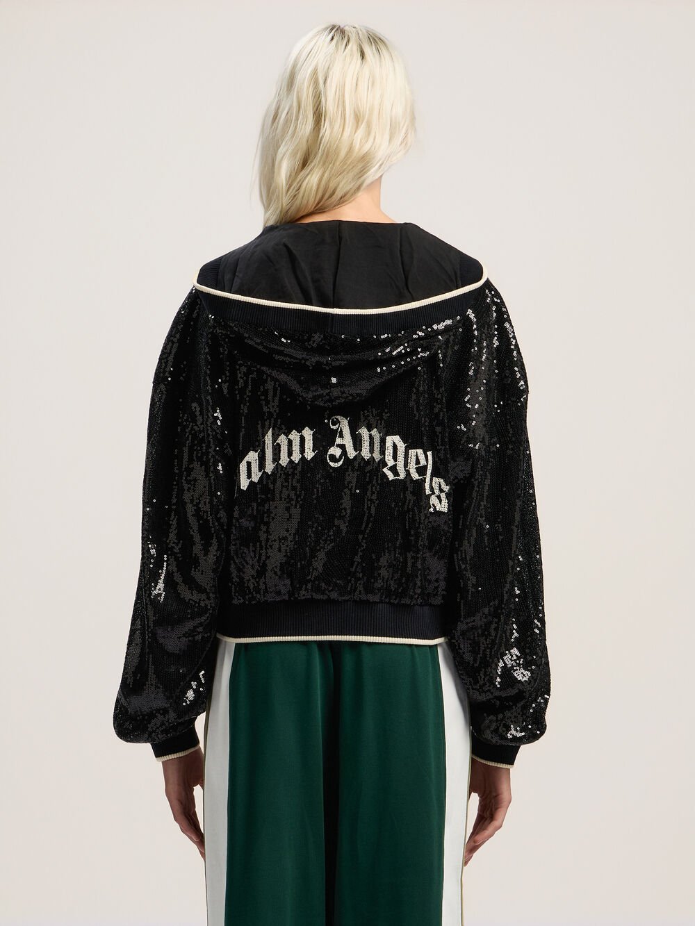 Curved Logo Sequin Crop Jacket in BLACK - OFF WHITE for Women
