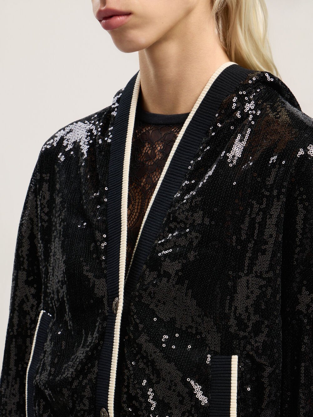 Curved Logo Sequin Crop Jacket in BLACK - OFF WHITE for Women