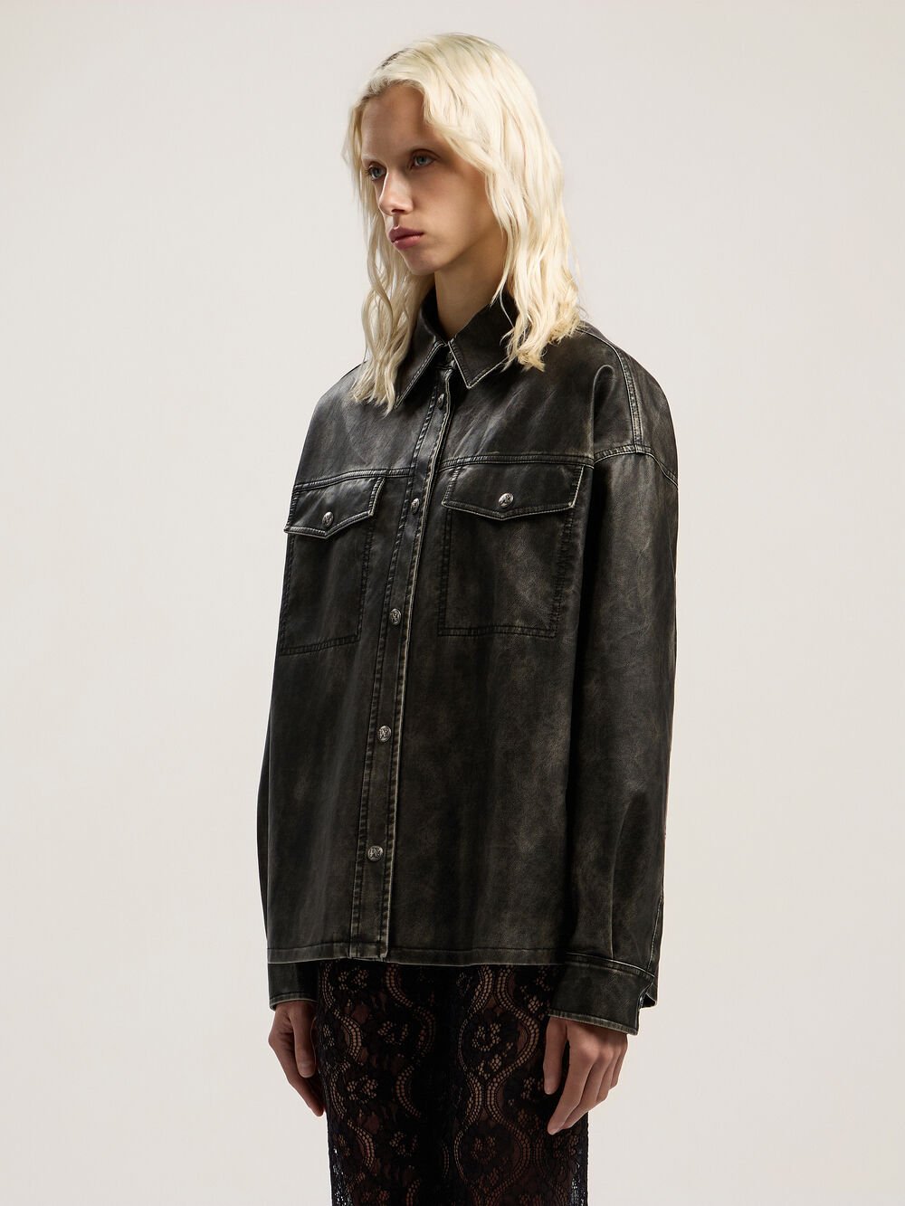 Curved Logo Coated Overshirt in DARK GREY - BLACK for Women