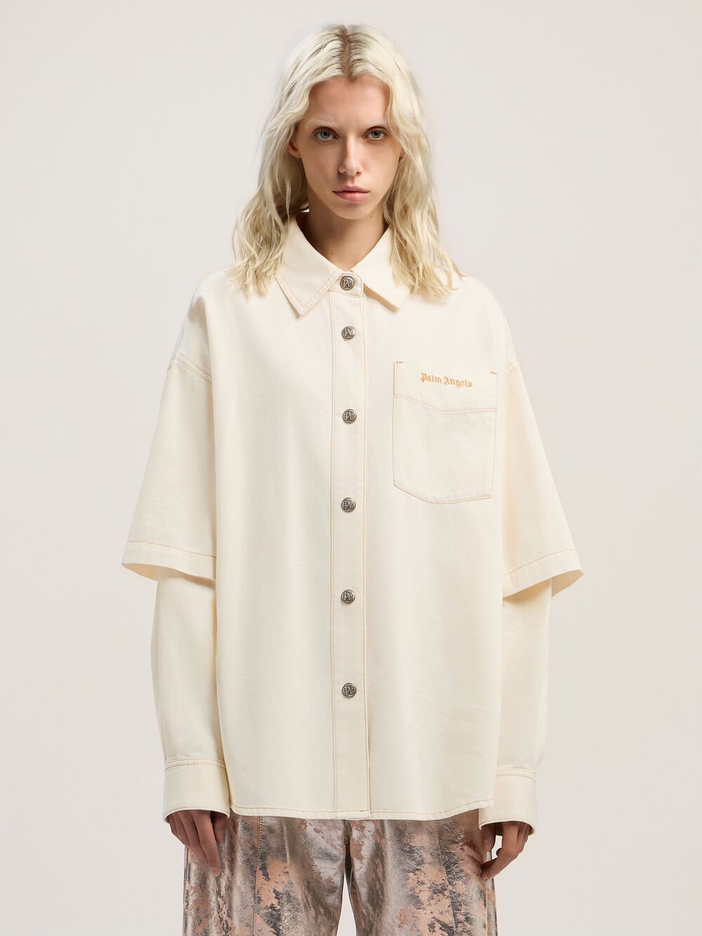 Hybrid Denim Overshirt in OFF WHITE - BLACK for Women