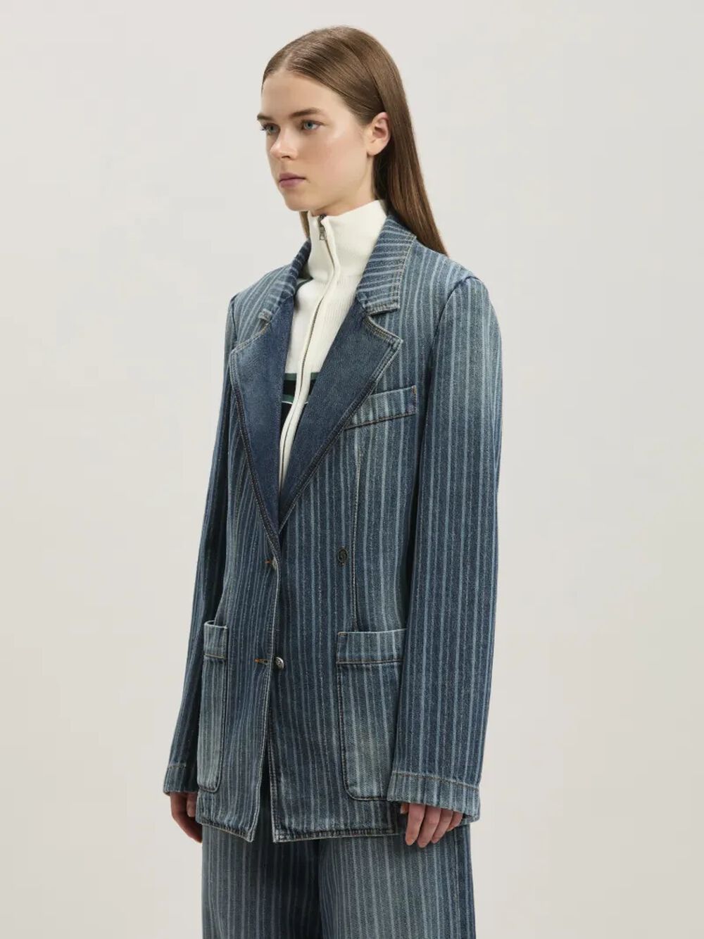 LASER PINSTRIPE DENIM BLAZER LIGHT BLUE in LIGHT BLUE - WHITE for Women