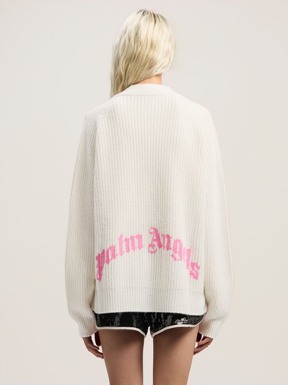 Curved Logo Ribbed Cardigan in OFF WHITE - PINK for Women