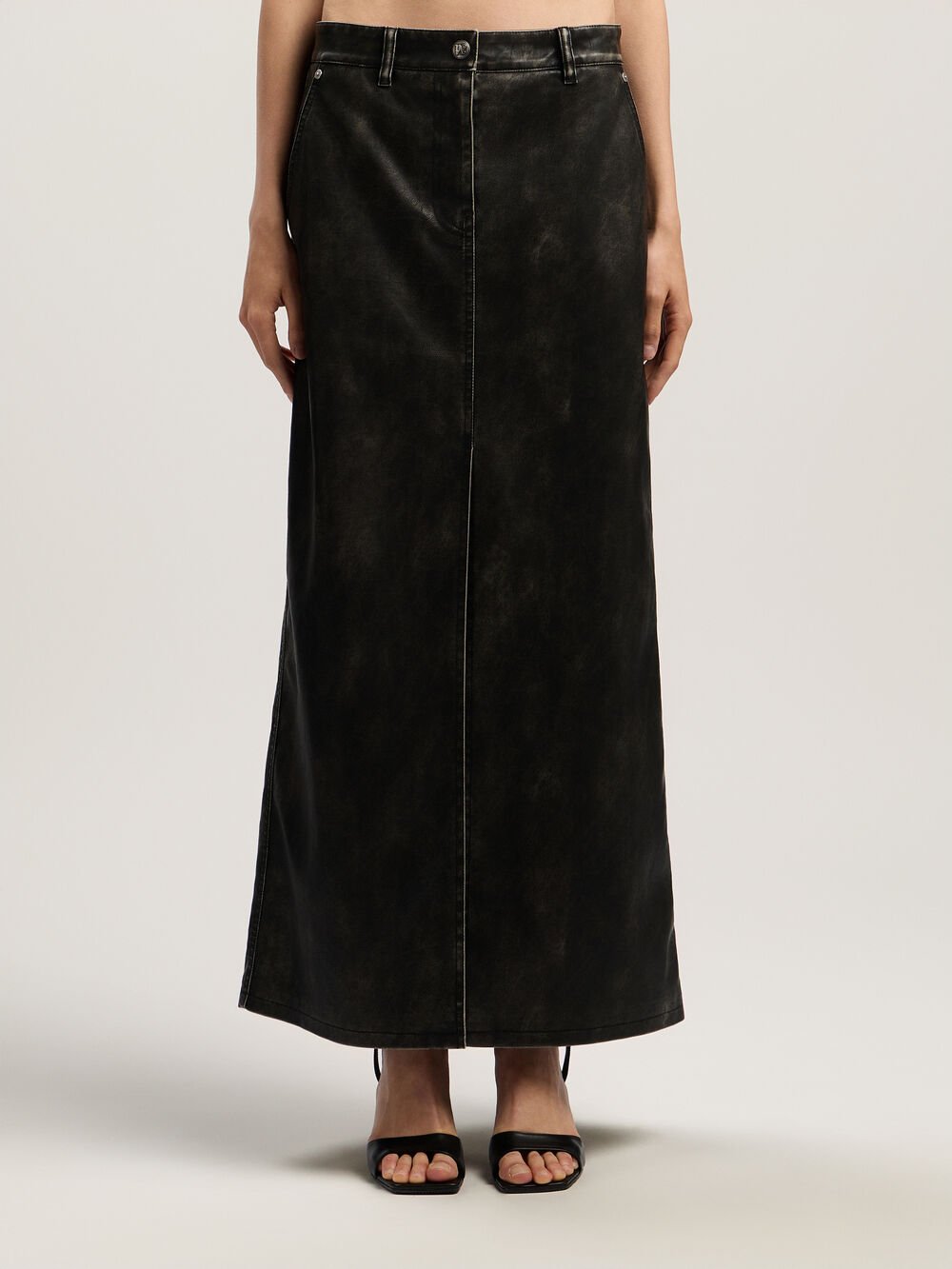 Curved Logo Coated Long Skirt in DARK GREY - BLACK for Women