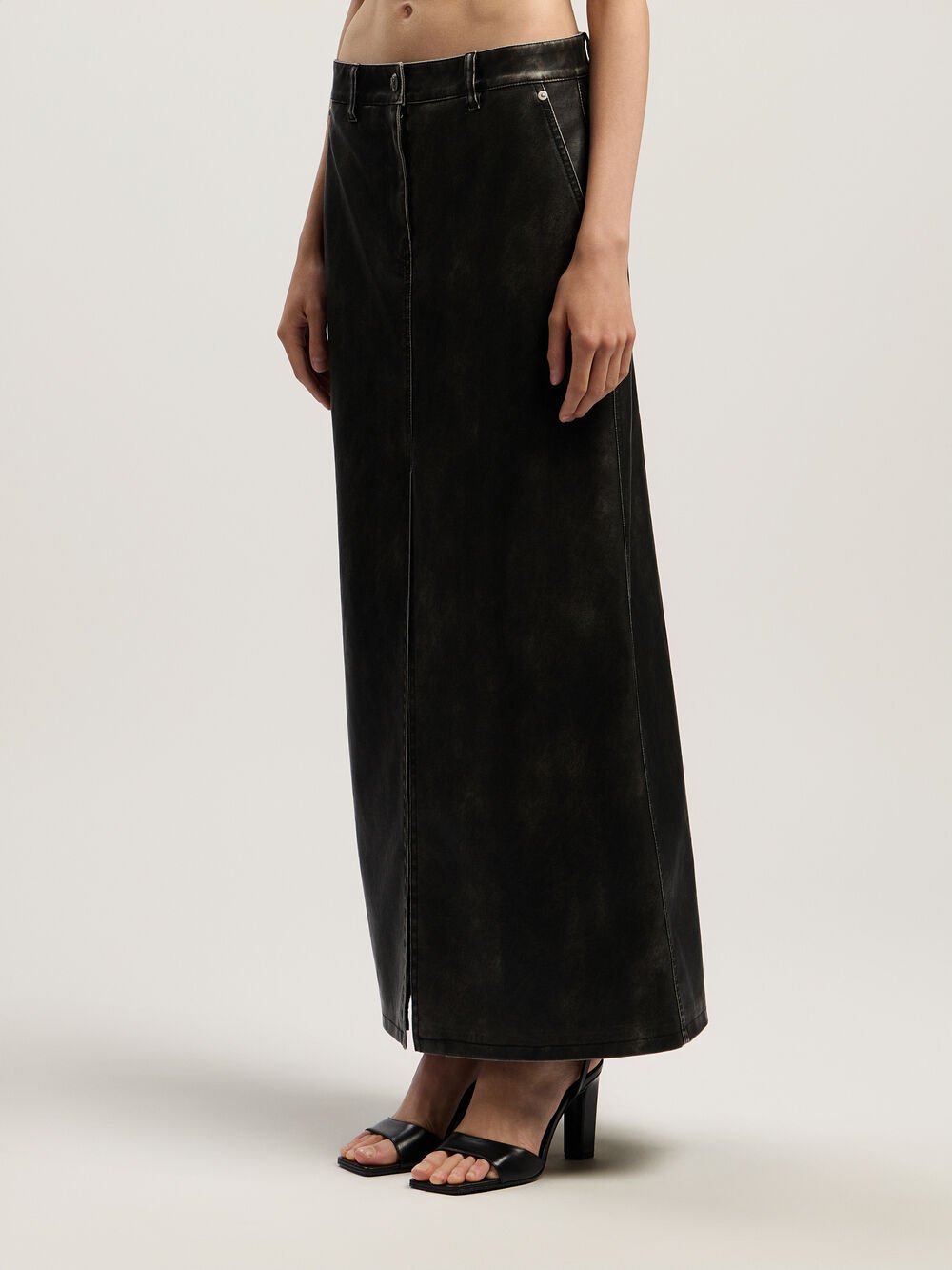 Curved Logo Coated Long Skirt in DARK GREY - BLACK for Women